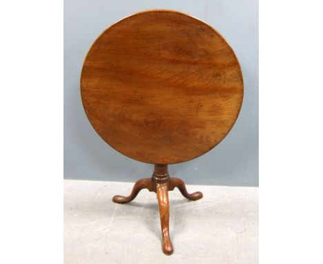 19th century mahogany circular tilt top table on birdcage to tripod base 27.5" high, diameter 29"