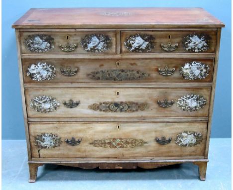 19th century mahogany chest of two short over three long graduated drawers with marquetry transfer decoration, on slightly sp