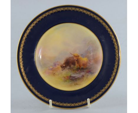 Royal Worcester cabinet plate painted by Stinton depicting two highland cattle, blue and burnished gold border