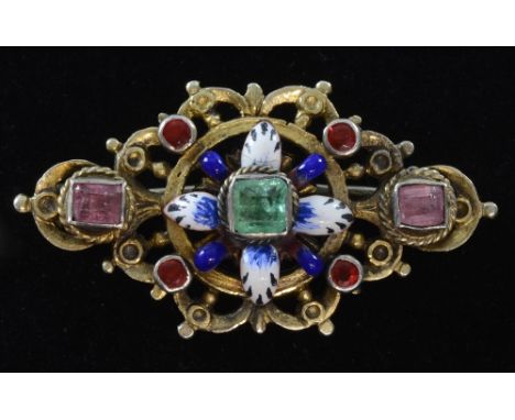 Austro Hungarian silver gilt brooch C 1900 set with blue and white enamel, emerald to the centre, pink topaz and garnet, city