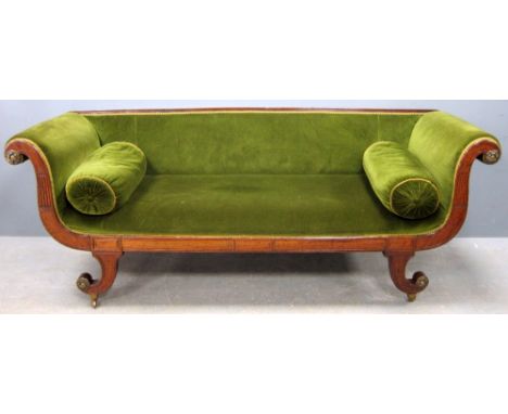 19th century mahogany scroll framed sofa, width 220cm