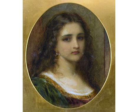 E. Tayler - oval head and shoulders portrait of a young woman with flowing wavy brown hair, signed, watercolour, 32.5 x 26cms