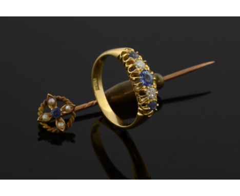 Five stone sapphire ring set with sapphires and diamonds and similar stick pin, boxed ring stamped 18ct