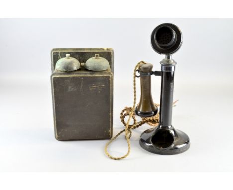 1920's Bakelite candlestick telephone, No. 150, black painted dome base, with original cables and bell box,