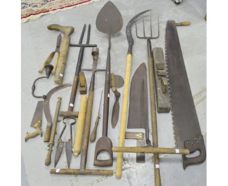 Collection of antique garden tools including double-handed saw, peat spade, bulb planter, hay fork, hay knife, parsnip fork a