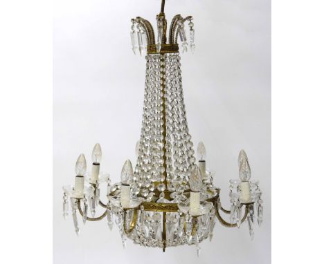 Good large eight branch prism drop brass chandelier in the Regency manner, 26" diameter, 28" drop