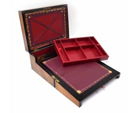 Victorian walnut and mother of pearl inlaid writing slope, the locking hinged cover with inset document flap over removable d
