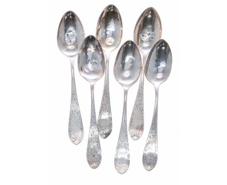 Set of six American coin silver tea spoons, marked coin, Twambley &amp; Cleaves, finely engraved vacant cartouche, 6" long, 3