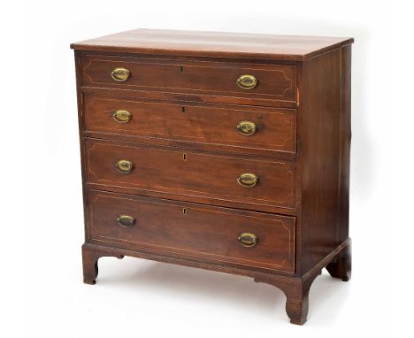 19th century mahogany inlaid chest of four graduated drawers, raised on bracket feet, 30" wide, 18" deep, 35" high