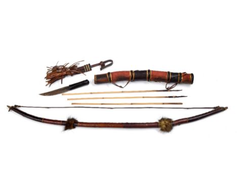 Native Indian bow, quiver, three arrows and dagger with sheath, the leather wrapped bow with applied fur, the split cane arro