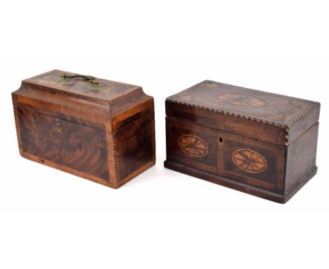 Georgian mahogany inlaid tea caddy, the hinged cover with central and corner inlaid paterae enclosing three division lidded i