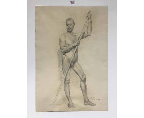 George Hodgson (1847- 1921) - Two male nude studies, two male portraits and a female portrait, all conte drawings, 23.5" x 17