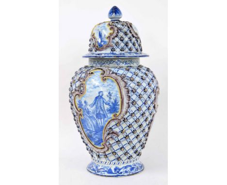 Dutch Delft baluster vase and cover in De Porceleyn Bijl Pottery style, with basket weave textured ground around cartouche fi