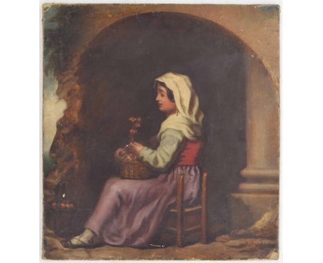 19th Century School - portrait of a seated girl holding a basket of flowers, a basket of fruit by her feet, under a stone arc