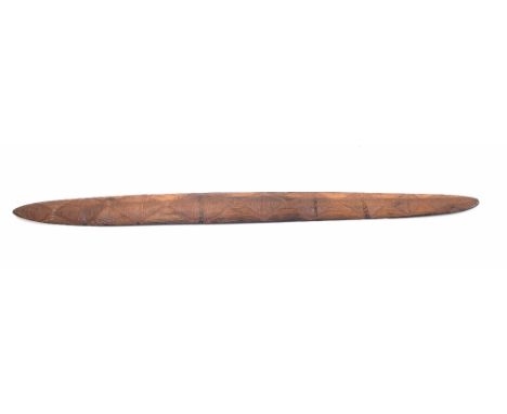 19th century Aboriginal Kylie / throwing stick, finely carved with diamond motif opposite square motif to the two sides, 22" 