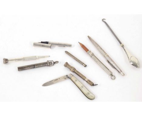 Collection of silver and white metal pens/telescopic pencils; together with a mother of pearl handle silver fruit knife and s