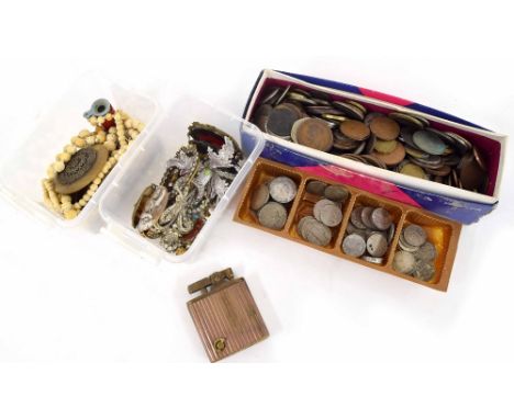 Small collection of costume jewellery; including beads, stone set brooches, pins, tie pins etc. together with a collection of