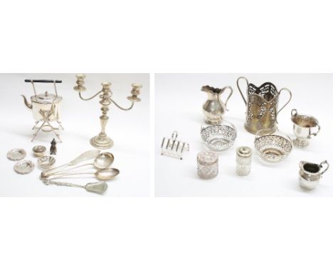 Box of silver plated table wares including kettle on stand, three sconce candlestick, coffee pot, jugs, baskets, serving spoo