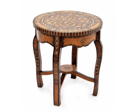 Decorative Moorish parquetry inlaid two tier circular occasional table, inset with exotic timbers and mother of pearl, 17.25"