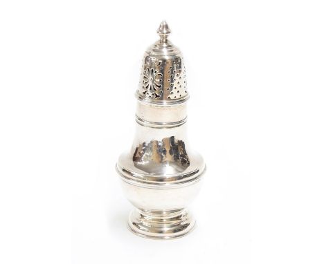 George I silver sugar caster, of waisted form with pierced cover surmounted by finial, maker indistinct mark, Exeter, 6.5" hi