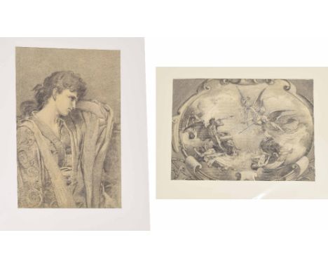 George Hodgson (1847-1921) - Female portrait in pensive pose, conte drawing, 20.5" x 13.5"; together with a classical design 