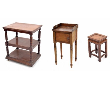 Victorian mahogany three tier buffet on brass castors, 24" wide, 18" deep, 28.5" high; mahogany pot cupboard with galleried t