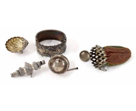 Mixed silver bijouterie; to include small shell dish, child's whistle/rattle (at fault), standard silver hinged bangle, toddy