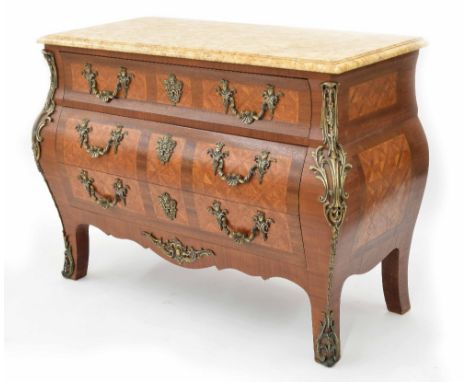 French Louis XV style kingwood bombé commode, with veined marble top, rococo stylised gilt metal handles and mounts, 20th cen