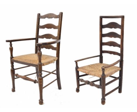 Antique rush seat ladder back low armchair, 38.5" high; together with another similar armchair (2)