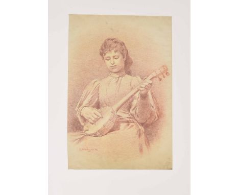 George Hodgson (1847-1921) - A lady playing a banjo, conte drawing, signed, 20.5" x 13.5", card mounted