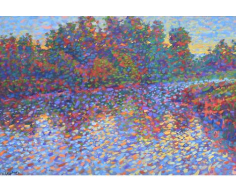 Paul Stephens (20th/21st Century) - Early morning light, River Parrett, Near Longport, Somerset levels, signed, oil on panel,