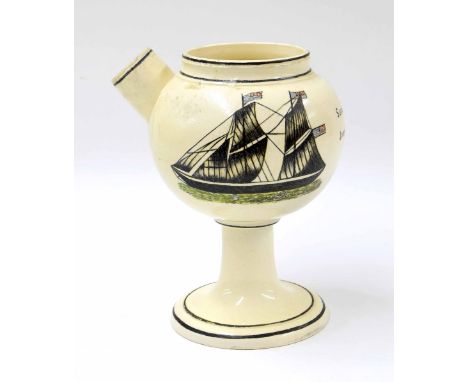 18th century cream ware wet drug jar, the globular body decorated with two ships flying stars and stripes flags, inscribed 'S