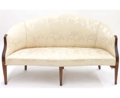 Edwardian floral silk damask sofa, with mahogany boxwood inlaid frame on tapering spade legs, sofa 62" wide, 26" deep, 37" hi