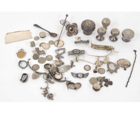 Interesting collection of silver and white metal bijouterie items for spares/repair; including bottle and jar covers, finials