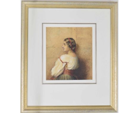 Continental School (19th century) - Portrait of a young lady, half length, wearing a cream, red and grey dress, gilt necklace