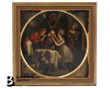Portrait miniature, depicting a charming 18th century scene of three figures seated at a table, a man being distracted by a y