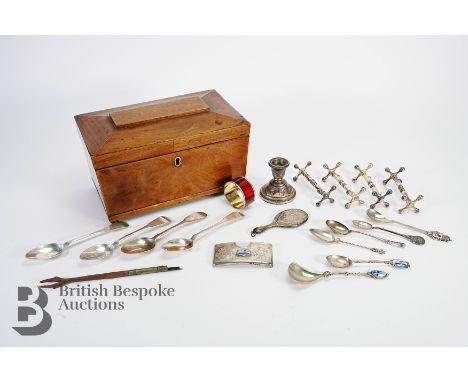 Miscellaneous silver, including a card holder and souvenir spoon with an enamel cartouche for SS Ardania; silver travelling c