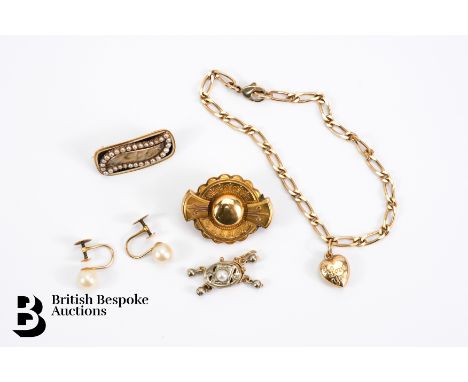 14/15 ct yellow gold enamel and pearl mourning brooch, inscribed J.Walker 1809, 28 x 12 mm, 4.2 gms (with steel pin); 15ct mo