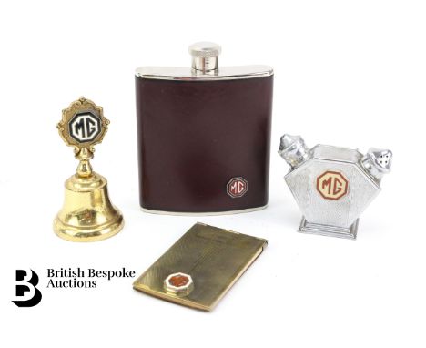 1930s - 1950s MG promotional novelty memorabilia, to include a brass MG tea bell, an Art Deco style chrome plated salt and pe