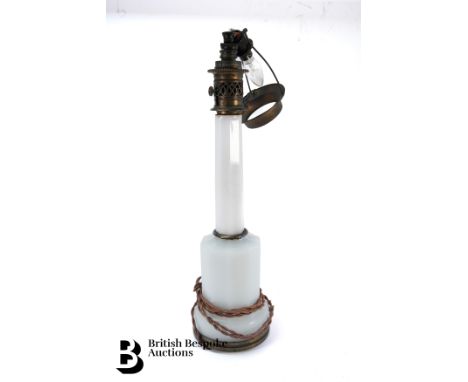 Victorian opaque glass lamp base, faceted base and column, converted from an oil lamp to electricity, approx 62 cms in length