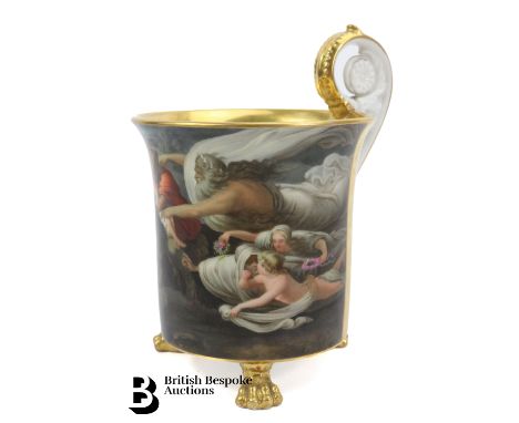 Mid-19th century KPM Porcelain chocolate cup,&nbsp;Berlin, pillar form with slightly everted rim, patera loop handle, raised 