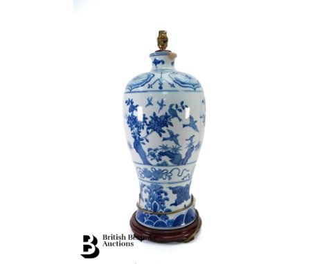 Large 20th century blue and white lamp base, baluster form painted with chrysanthemum, birds and pomegranate, 53 cms not incl