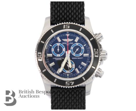 2018 Breitling SuperOcean M2000/ 151112 chronograph divers watch. The watch having a black bezel and face with bright blue su