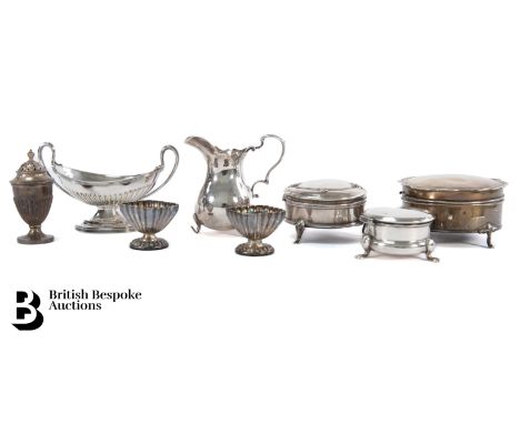 Miscellaneous silver cruet, including a creamer, Birmingham dated 1904, 59.6 gms; pair of silver plated salts; silver peppere