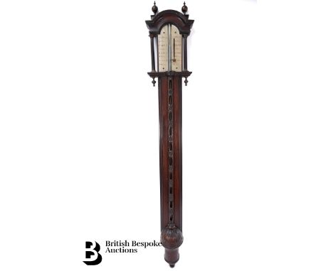 Late 18th century F. Watkins oak cased stick barometer, having a shaped top with two ball finials over an arched cornice supp