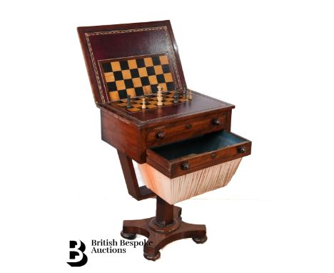 Victorian mahogany games table, the hinged top lifts to reveal a chess and drafts board, with a single drawer together with c