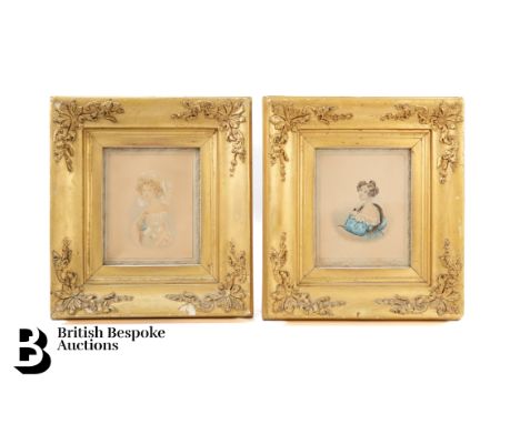 Georgian portrait miniatures, pencil and watercolor of a young woman looking over her shoulder approx 10 x 13 cms, together w