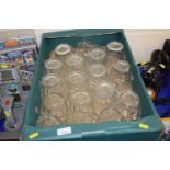 Two boxes of vintage glass pint mugs, dimpled pint mugs etc