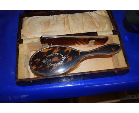 Cased box vanity set, tortoiseshell and silver hairbrush and hair comb in box etc