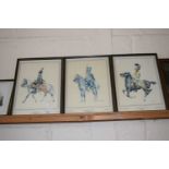 Set of three framed prints of various Hussah Regiments on horseback etc to include Austria,